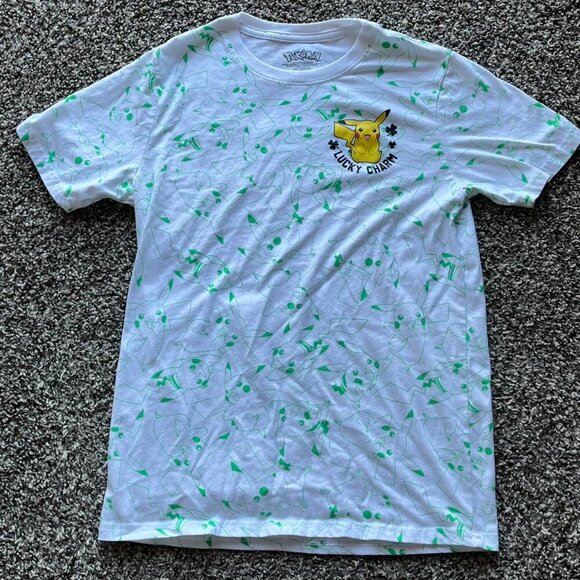 White And Green Pikachu Lucky Charm Tee, kids Pokémon shirt, size: XL - Picture 1 of 4